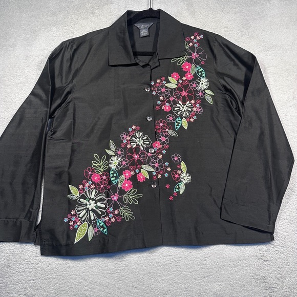 Van Heusen 100% Silk Floral Embroidered Button Down Top Women Large Blouse Black - Picture 1 of 8